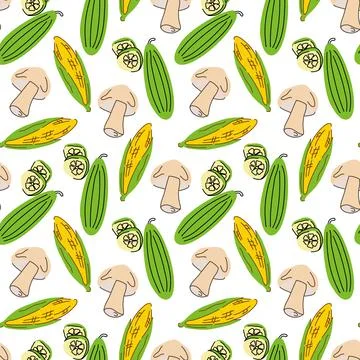 Seamless pattern vegetables with elements of mushrooms, cucumber, corn. Vecto Stock Illustration