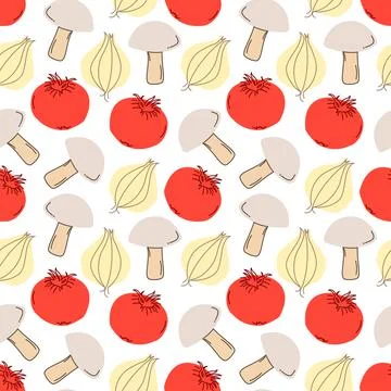 Seamless pattern vegetables with elements of mushrooms, tomatoes, garlic. Vec Illustration