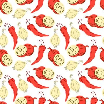Seamless pattern vegetables with elements of onions and red chilies, Shallot. Illustrazione stock