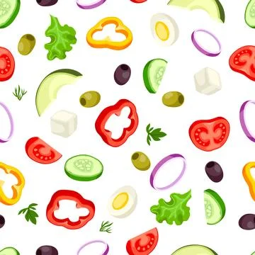Seamless pattern with vegetables. Fresh products for Greek salad. Mediterra.. Stock Illustration