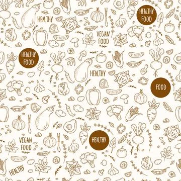 Seamless pattern with vegetables. Linear hand doodles of healthy, vegan food 스톡 일러스트
