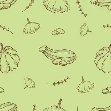 Seamless pattern with vegetables. Linear hand drawings Pumpkin, striped zucchini Stock Illustration