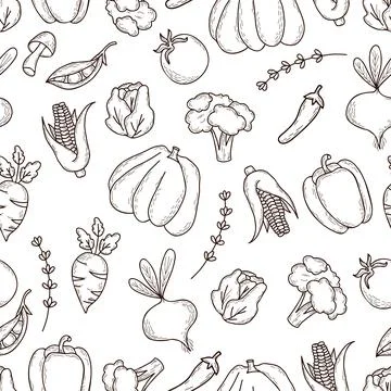 Seamless pattern with vegetables. Linear hand doodles of healthy, vegan food, ve 스톡 일러스트