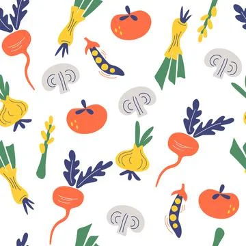 Seamless pattern with vegetables. Onion, tomato, radish, mushrooms, string be Stock Illustration
