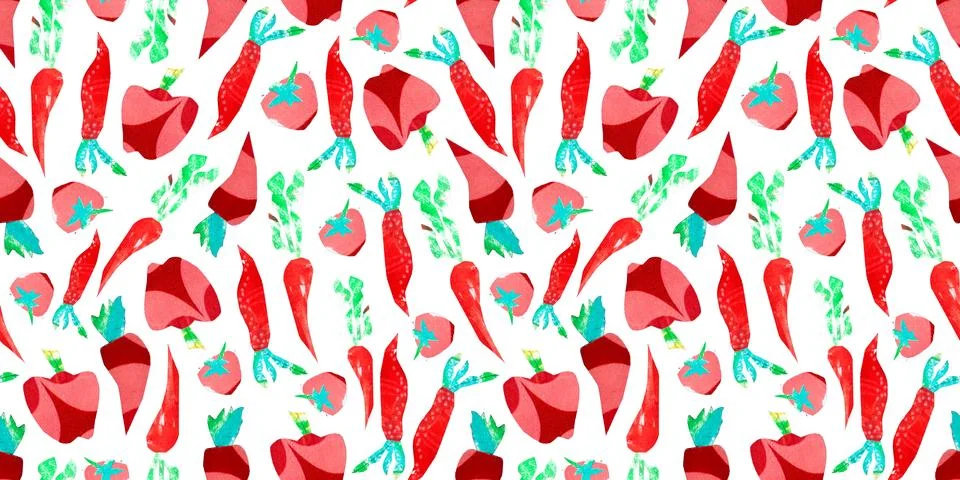 Seamless pattern of vegetables paper collage on white background. Carrots Stock Illustration