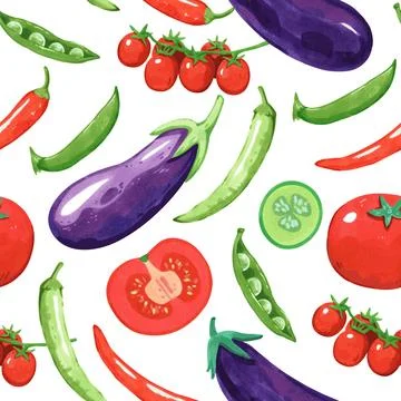 Seamless pattern with vegetables, tomatoes, pea and pepper. Vector hand dra.. Illustrazione stock