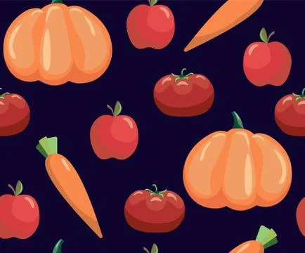 Seamless pattern with vegetables. Vegetables on black background. Tomato, car Stock Illustration