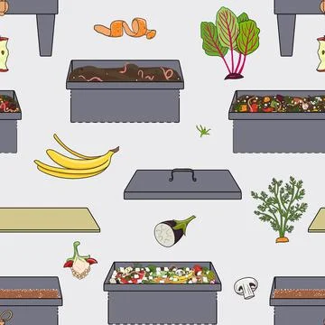Seamless pattern with vermicompost box and kitchen scraps, fruit, vegetables. Stock Illustration