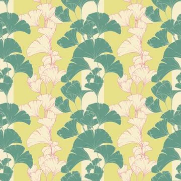 Seamless pattern, vertical arrangement of hand drawn ginko leaves Stock Illustration