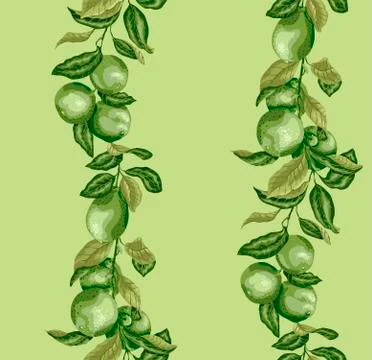 Seamless pattern with vertical lime and lemon fruit tree branches made in vin Stock Illustration