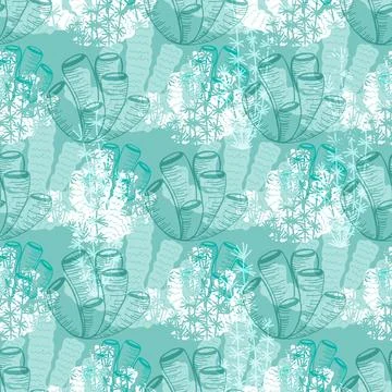 Seamless pattern with a vertical pattern of algae. Turquoise background. Tren 库存插图
