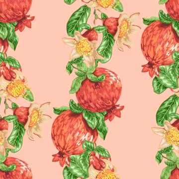 Seamless pattern with vertical pomegranate fruit branches in vector Stock Illustration