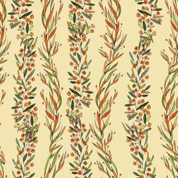 Seamless pattern vertical stripes of branches with narrow leaves and orange f Illustrazione stock