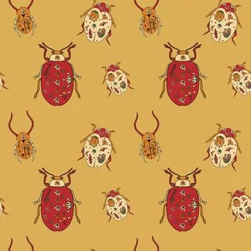 Seamless pattern with vibrant alebrije beetle sculptures handcrafted Stock Illustration