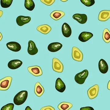 Seamless pattern with vibrant avocado slices. Cute cartoon vector fruit ill.. Stockillustratie