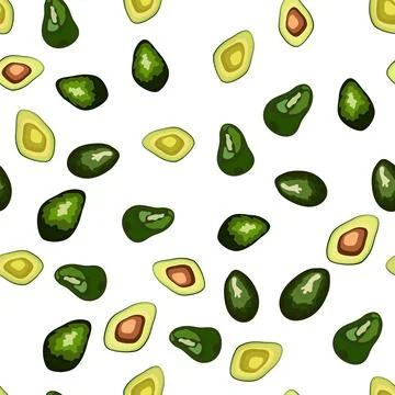 Seamless pattern with vibrant avocado slices. Cute cartoon vector fruit ill.. Stockillustratie