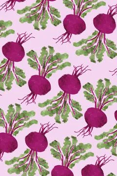Seamless pattern of vibrant beetroots with lush green leaves on a pastel p... Stock Photos