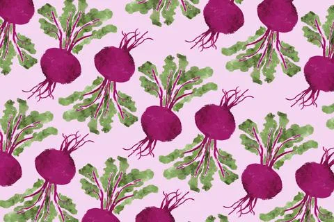 Seamless pattern of vibrant beetroots with lush green leaves on a pastel p... Stock Photos