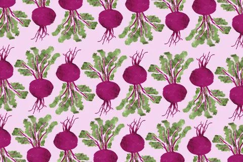 Seamless pattern of vibrant beetroots with lush green leaves on a pastel p... Stock Photos