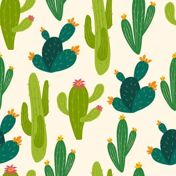 A seamless pattern of vibrant blooming cacti. Stock Illustration