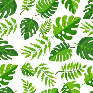 Seamless pattern of vibrant green leaves on a white background. Various leaf Stock Illustration