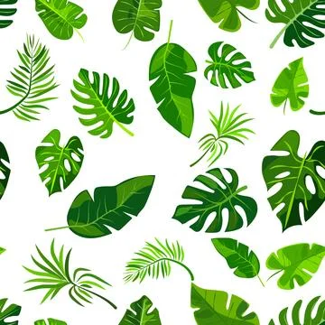 Seamless pattern of vibrant green leaves on a white background. Various leaf Stock Illustration