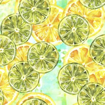 A seamless pattern with vibrant hand drawn watercolour lemons and limes on a Stock Photos