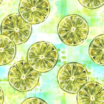 A seamless pattern with vibrant hand drawn watercolour limes on a teal patchwork Stock Photos