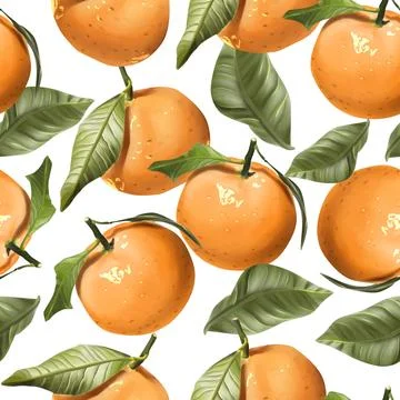 Seamless pattern of vibrant orange tangerines with green leaves showcasing a  Illustrazione stock