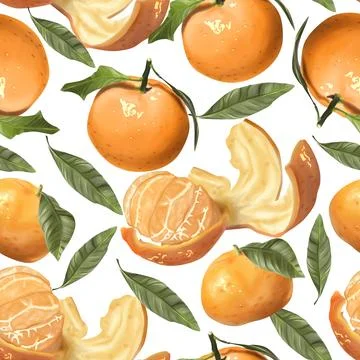 Seamless pattern of vibrant orange tangerines with green leaves and peeled se Stock Illustration