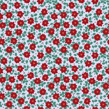 Seamless Pattern of Vibrant Red Flowers with Green Leaves on a Light Background. Stock Illustration