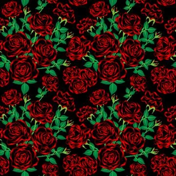 Seamless Pattern of Vibrant Red Roses and Green Leaves on Black Background  Stock Illustration
