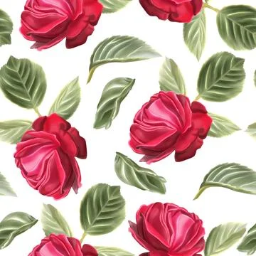 A seamless pattern with vibrant red roses and green leaves painted in waterco Stock Illustration