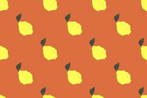 Seamless pattern of vibrant yellow lemons and green leaves on an orange ba... Stock Photos