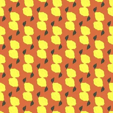 Seamless pattern of vibrant yellow lemons and green leaves on an orange ba... Stock Photos