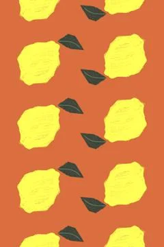 Seamless pattern of vibrant yellow lemons and green leaves on an orange ba... Stock Photos