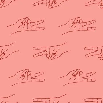 Seamless pattern with victory gesture. Silhouette red linear contour on a red Illustrazione stock