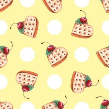 Seamless pattern Viennese waffle with cherries. Stock Illustration