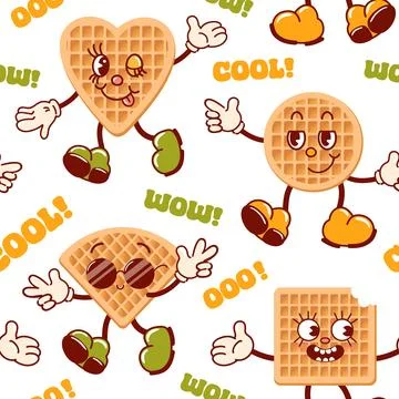Seamless pattern of Viennese waffles, cute retro cartoon characters. Delicious Stock Illustration