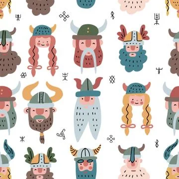 Seamless pattern with vikings faces. Flat scandinavian Vector repeated backgr Stock Illustration