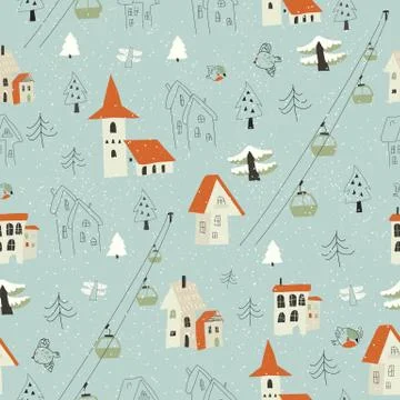 Seamless pattern with village in the forest on a background of mountains 스톡 일러스트