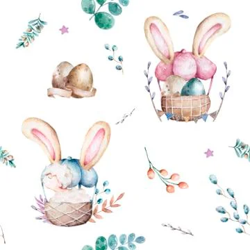 Seamless Pattern Vintage Basket Easter eggs and sheep Cute hand drawn waterco Stock Illustration