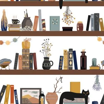 Seamless pattern with vintage books, cat, hot drink mug, and different retr.. Stock Illustration