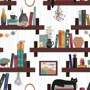 Seamless pattern with vintage books, cat, hot drink mug, and different retro  Stock Illustration