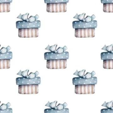 Seamless pattern from vintage boxes with gifts and bows. Hand drawn watercolo Stock Illustration