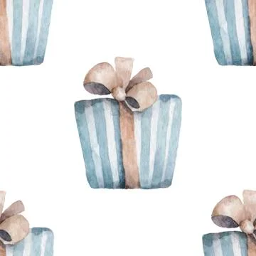 Seamless pattern from vintage boxes with gifts and bows. Hand drawn watercolo Stock Illustration