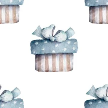 Seamless pattern from vintage boxes with gifts and bows. Hand drawn watercolo Stock Illustration