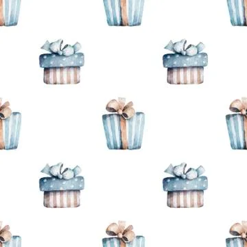 Seamless pattern from vintage boxes with gifts and bows. Hand drawn watercolo Stock Illustration