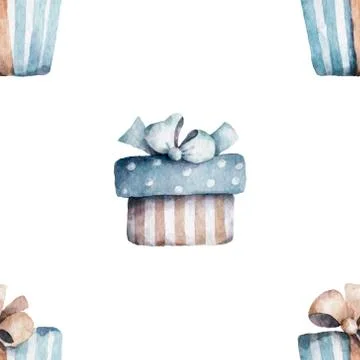 Seamless pattern from vintage boxes with gifts and bows. Hand drawn watercolo Stock Illustration