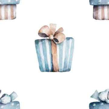 Seamless pattern from vintage boxes with gifts and bows. Hand drawn watercolo Stock Illustration